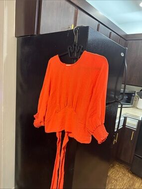 Women's Vibrant Orange Long-Sleeve Blouse with Tie Back
